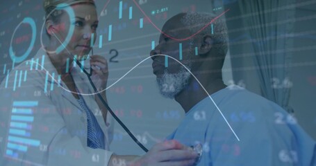 Doctor in lab coat placing stethoscope on patient in hospital gown in clinic, with digital overlays