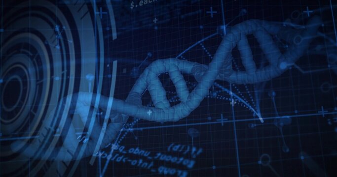 Floating DNA double helix glowing and rotating in digital grid, with holographic HUD elements