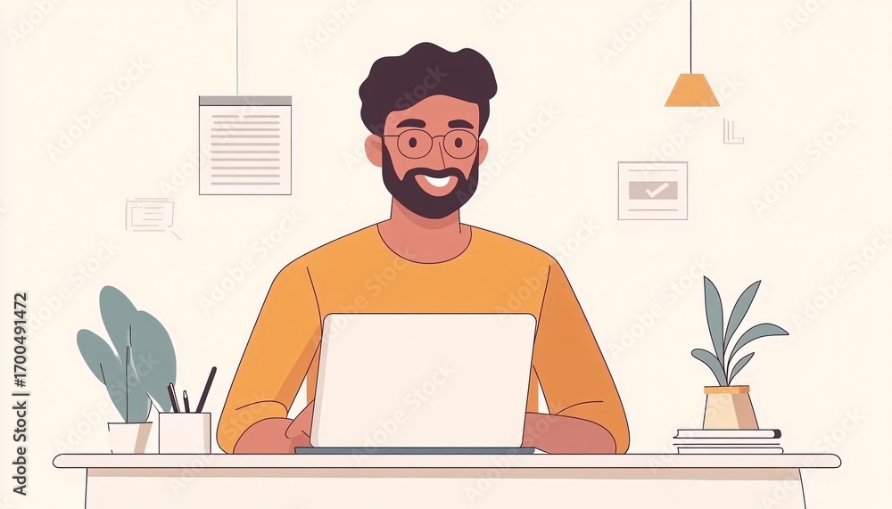 Poster a happy man with glasses and a beard sits at a desk using a laptop; plants and documents are in the 