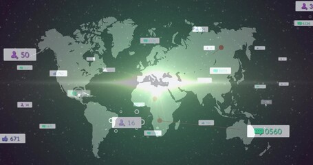 Naklejka premium Displaying world map in virtual space, with green flares, data labels, icons, and connector lines