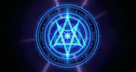 Upon activation glyph manifesting against void, with rotating runes, star polygons and pulsing orb - Powered by Adobe