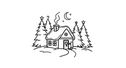 Illustration of a cozy winter house, surrounded by snowcovered trees and a crescent moon