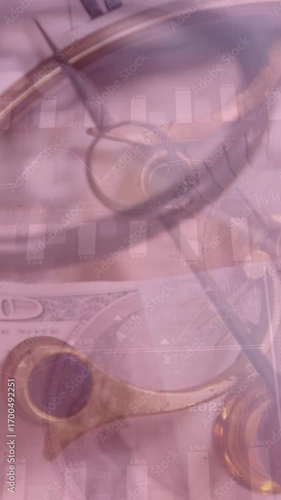Poster animation of financial data processing and clock over dollars and stehoscope