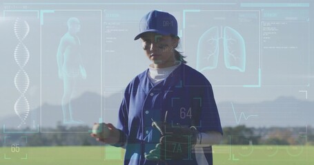 Standing baseball player in blue cap, jersey holding mitt and ball in outfield, showing HUD data