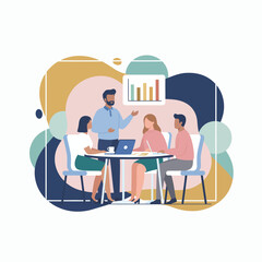 Flat Vector Illustration of Business Activities — Teamwork, Office Work, and Corporate People