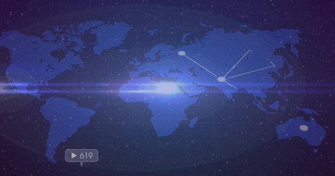 Displaying world map at dashboard, with network nodes, lens flare, UI overlay showing play icon 619 - Powered by Adobe