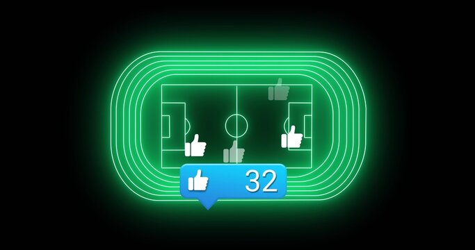 Displaying neon design showing track and pitch on black, with thumbs-up icons and bubble showing 32
