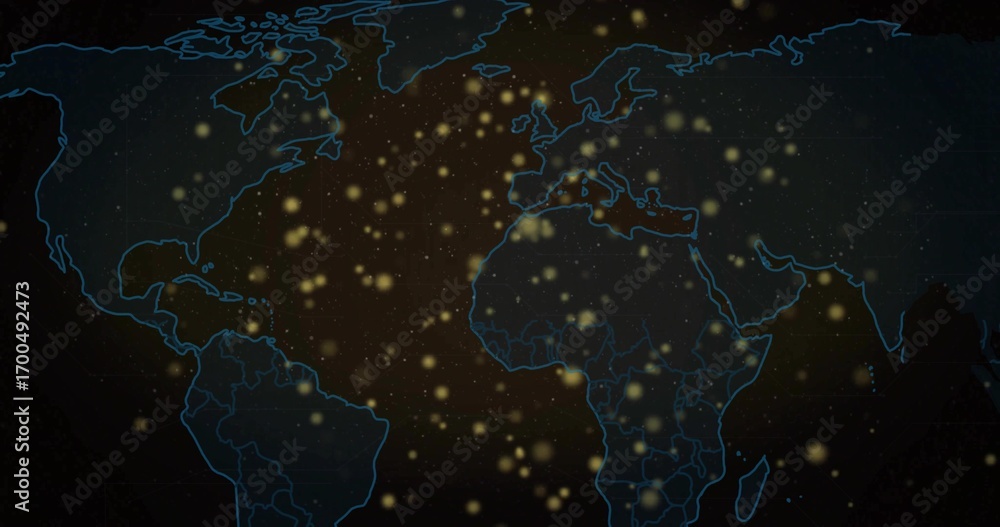 Poster Displaying neon blue outlined world map showing glowing data nodes on dashboard, with grid overlay