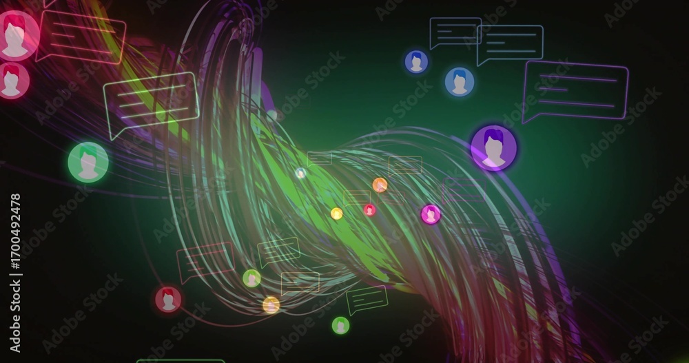 Poster displaying swirling neon data ribbons in digital scene, with user profile icons and chat bubbles