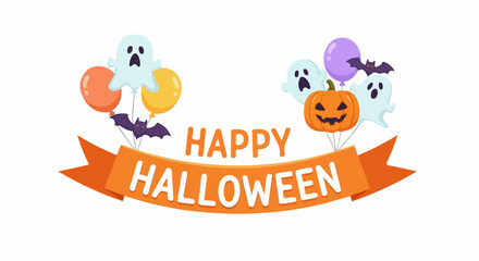 Fototapeta premium A playful Halloween banner features ghosts, bats, and a jack-o'-lantern attached to colorful balloons, creating a festive and spooky atmosphere.