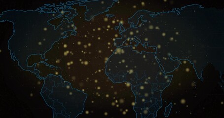 Naklejka premium Displaying neon blue outlined world map showing glowing data nodes on dashboard, with grid overlay