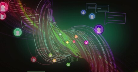 Displaying swirling neon data ribbons in digital scene, with user profile icons and chat bubbles