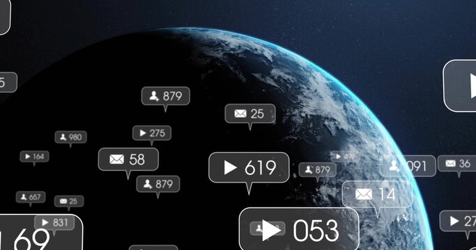 Naklejki Floating social media counters around curved Earth hemisphere in outer space, with numeric icons