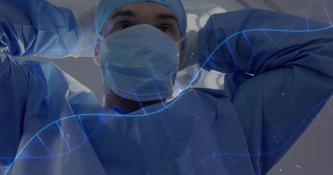 Surgeon adjusting and tightening mask straps in operating room, with DNA helix overlay