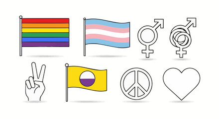 Hand drawn illustration of lgbtq pride symbols, flags, heart and peace