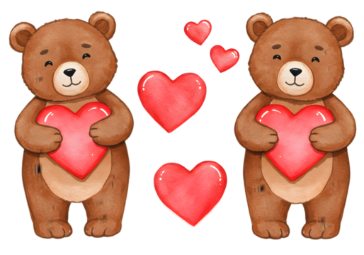 Illustration of Two Teddy Bears Holding Red Hearts on Transparent Background