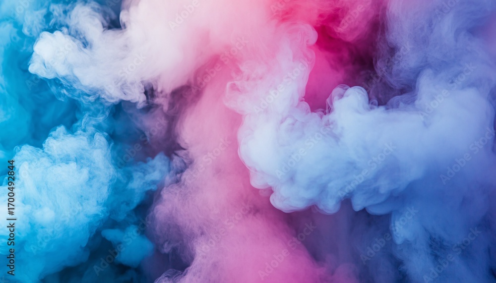 Poster the image shows a mixture of blue and pink smoke creating an abstract pattern with soft color gradie