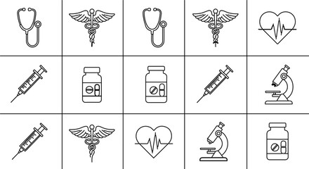 Set of medical icons in line art style, representing healthcare