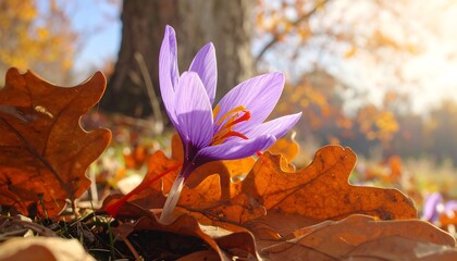 A vibrant saffron crocus flower rests amongst fallen autumn leaves, bathed in the warm sunlight of a beautiful autumn day.