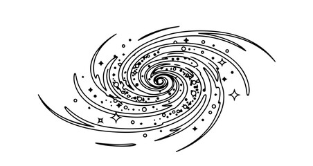 Illustration of a spiral galaxy with stars and planets in black and white