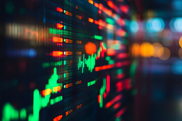 Dynamic Stock Market Data Display: Green and Red Graphs on Digital Screen for Investment & Trading Trends.