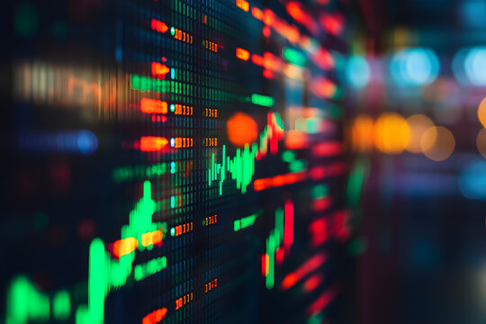 Dynamic Stock Market Data Display: Green and Red Graphs on Digital Screen for Investment & Trading Trends.