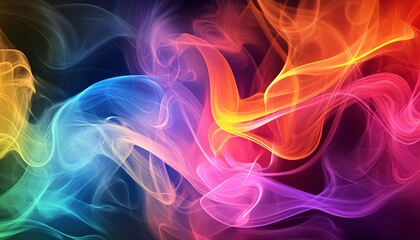 Fototapeta premium The illustration shows colorful, translucent waves resembling smoke, set against a dark background. These waves blend seamlessly, creating a fluid, dynamic effect.