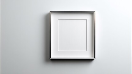 Minimalist silver frame with a white border hanging on a pristine white wall displaying simplicity