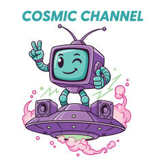 Cute TV Head Robot on a Flying Saucer Giving a Thumbs Up and Peace Sign Vector Illustration