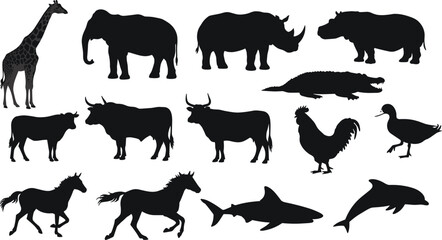 Wild animal silhouettes collection, zoo animals, sea creatures, farm animals, vector illustration, wildlife bundle, jungle animals, aquatic animal icons