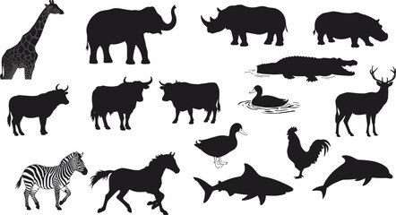 Wild animal silhouettes collection, zoo animals, sea creatures, farm animals, vector illustration, wildlife bundle, jungle animals, aquatic animal icons