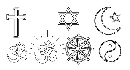Collection of religious symbols, representing diverse faiths and spiritual beliefs