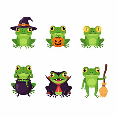 Obraz premium Six adorable green frogs in various Halloween costumes, including witch, vampire, and pumpkin-carver, create a whimsical, festive scene.