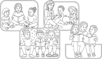 Happy kids reading books and playing together, diverse children learning, storytelling moments, friendship, education, childhood joy, fun activities, group playtime, smiling faces