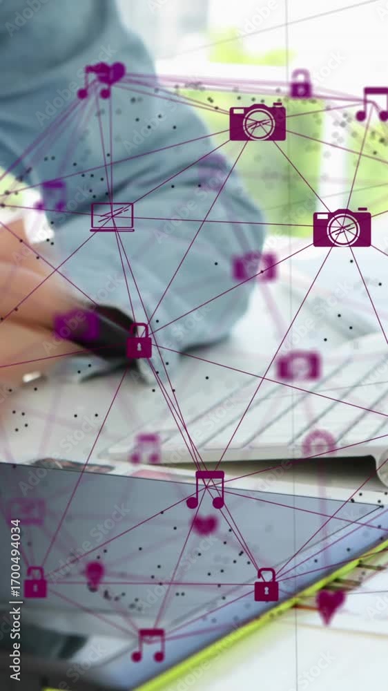 Aufkleber animation shows global networking concept with woman using a digital tablet.