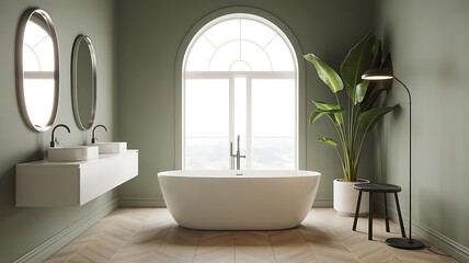 Serene and modern bathroom featuring a freestanding bathtub arched window double vanity with oval mirrors and lush green plant