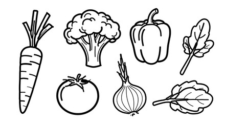 Hand drawn illustration of fresh vegetables, including carrots, broccoli, and peppers