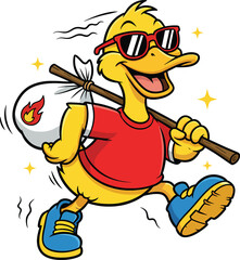Happy Traveling Duck Character with Sunglasses and a Bag on a Stick Vector Illustration