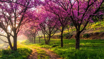 Fototapeta premium A picturesque dirt path winds through a vibrant landscape of blossoming pink trees, bathed in the warm glow of sunrise.