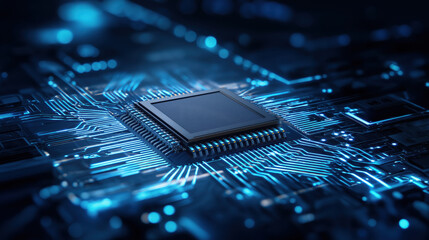 High-detail microchip close-up on motherboard with glowing blue circuit network overlay and dramatic cool lighting