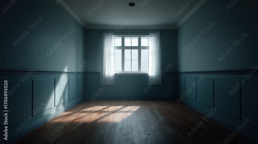 Poster empty room with wooden floor and light streaming through window creating soft shadows on blue walls 