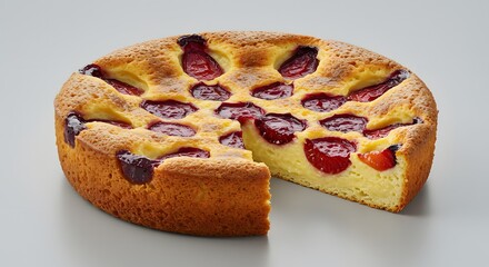 Fototapeta premium Delicious French Clafoutis Dessert with Fresh Cherries in a Baking Dish
