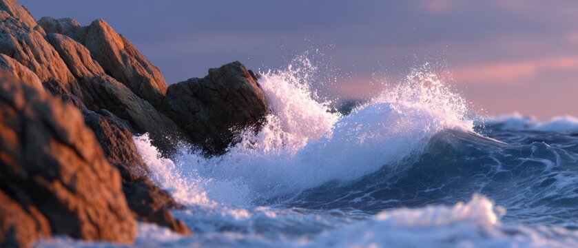 ocean waves crashing against rocky cliffs at sunrise