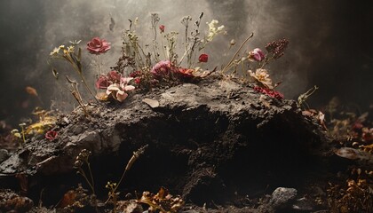 A photograph shows a pile of dark soil with various dried flowers and plants on top, set against a smoky, dark background.