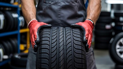 Mechanic wearing red gloves holding a new car tire in a workshop with shelves of tires in the background