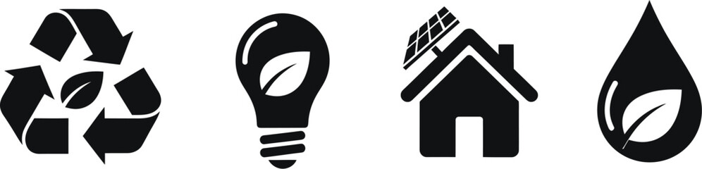 Set of four lightbulb icons with leaves symbolizing eco-friendly ideas and innovation silhouette