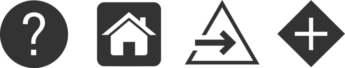 Collection of four distinct icons including question mark house arrow and plus symbol silhouette
