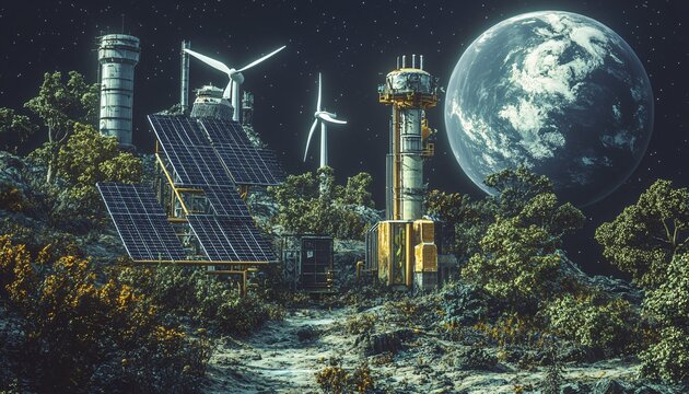 The illustration shows a landscape with wind turbines, solar panels, and industrial structures, surrounded by trees and a large moon in the night sky. - Powered by Adobe