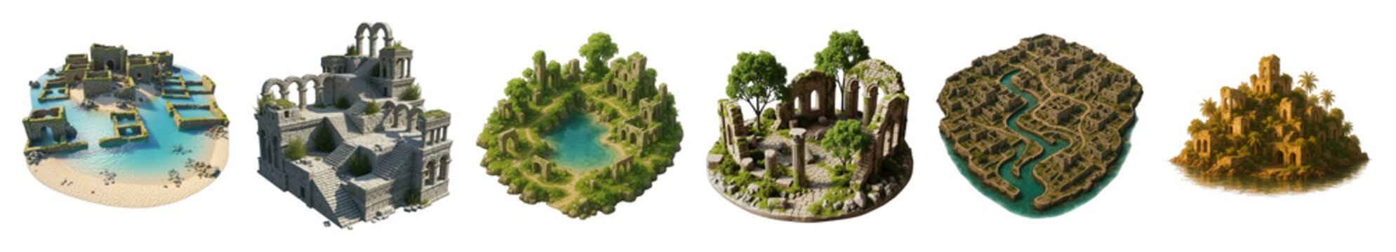 Ancient ruins set including flooded cities, tiered structures, overgrown temples, and island settlements isolated. Fantasy game environment collection.