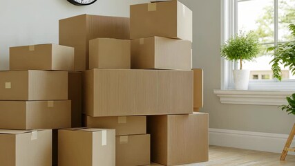 Stacked cardboard boxes create an organized yet cozy feel in a sunlit room, hinting at a new beginning and transition